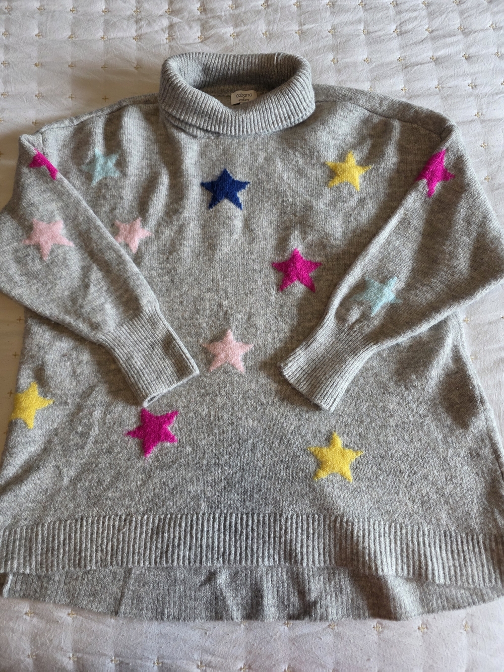crown & ivy Gray Turtleneck Sweater with Multicolor Star Appliqués